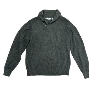 Oscar De La Renta Black Gray Marled Cotton Shawl Collared Sweater Size L